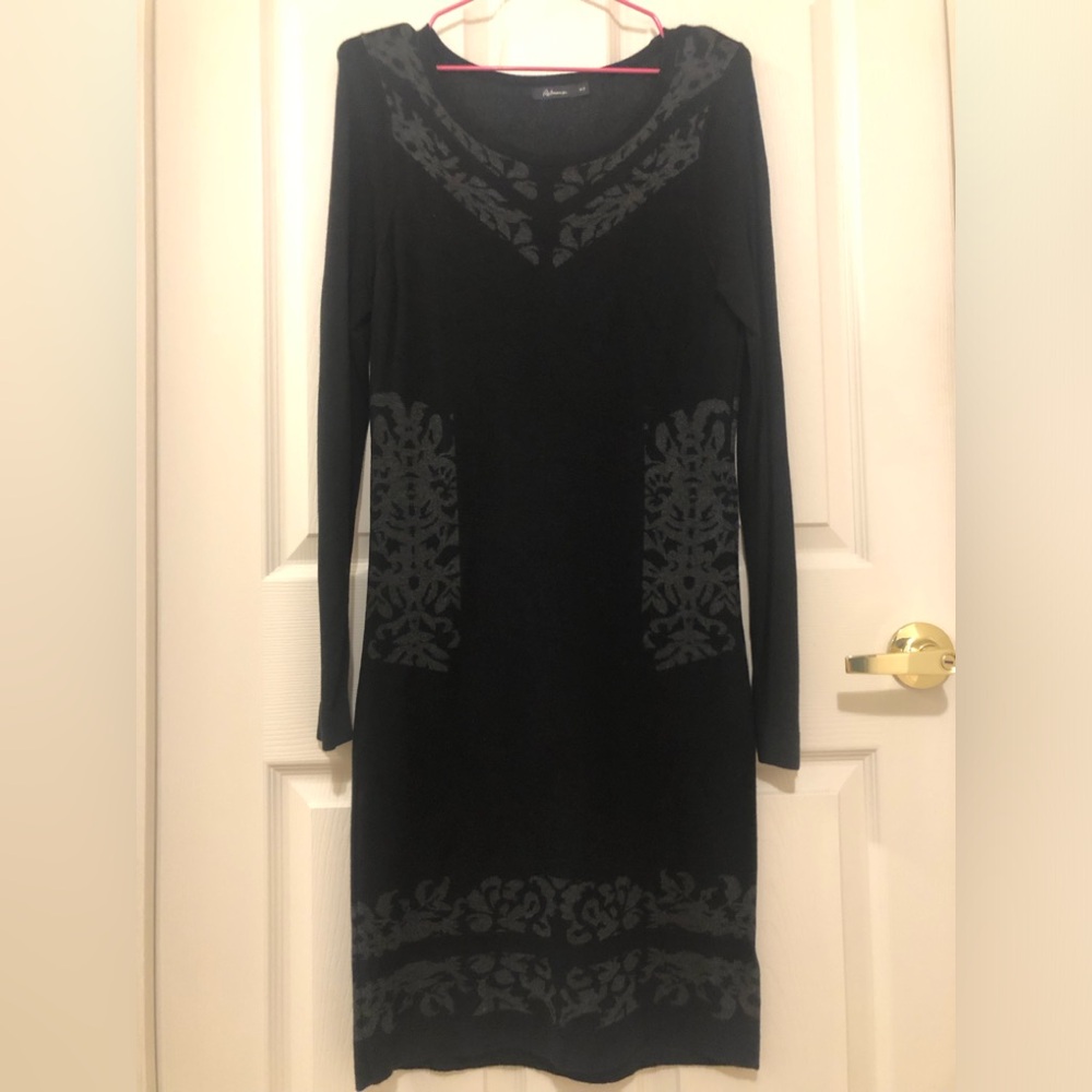 Long Sleeve Black Sweater Dress with Grey Motifs (New - nwot)